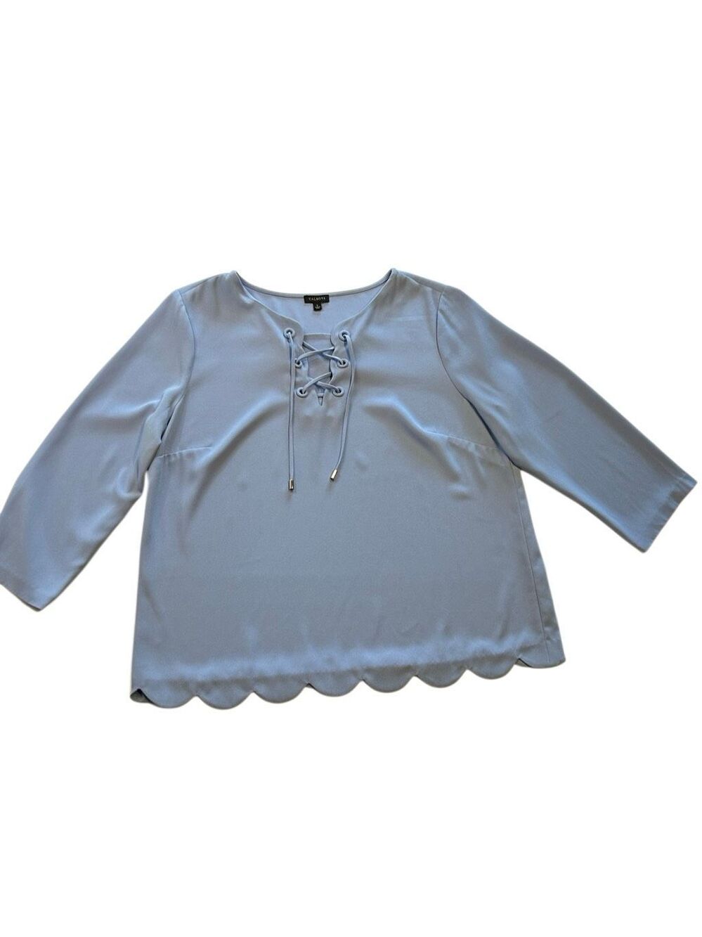 Talbots Light Blue Lace Up V-Neck Scalloped Hem Blouse 3/4 Sleeve Size L